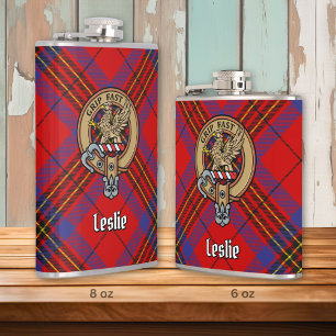 Clan Leslie Crest over Red Tartan Hip Flask