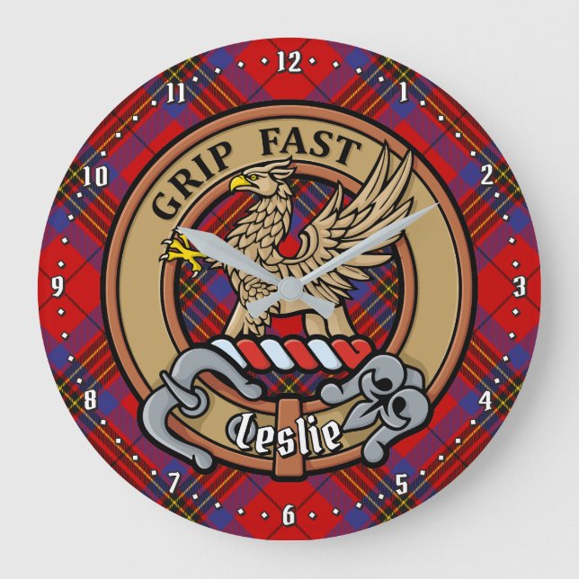 Clan Leslie Crest over Red Tartan Large Clock (Front)