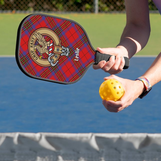 Clan Leslie Crest over Red Tartan Pickleball Paddle (Insitu)