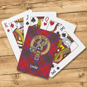 Clan Leslie Crest over Red Tartan Playing Cards