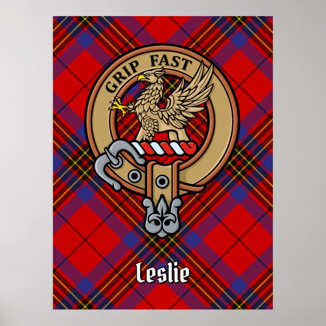 Clan Leslie Crest over Red Tartan Poster (Front)
