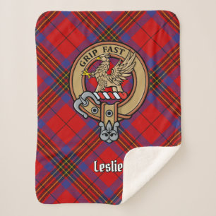 Clan Leslie Crest over Red Tartan Sherpa Blanket