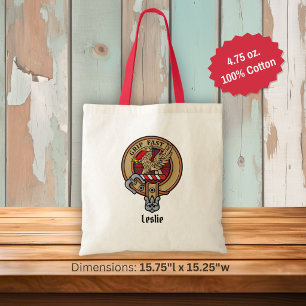 Clan Leslie Crest over Red Tartan Tote Bag