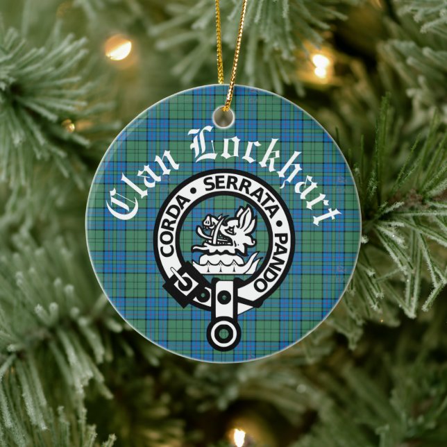 Clan Lockhart Crest Badge & Tartan Ceramic Ornament (Tree)