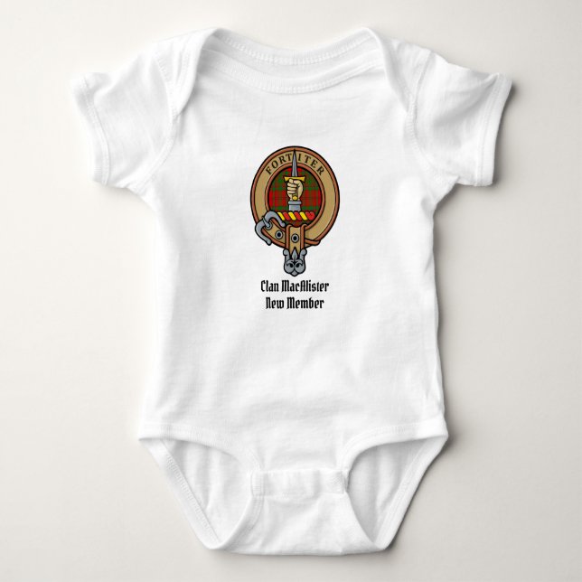 Clan MacAlister Crest over Glenbarr Tartan Baby Bodysuit (Front)