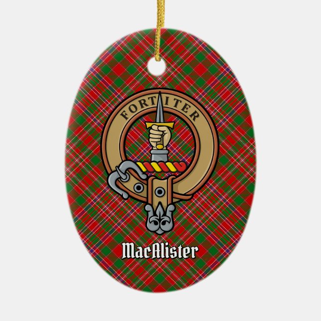 Clan MacAlister Crest over Tartan Ceramic Ornament (Front)