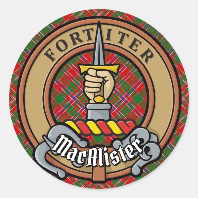 Clan MacAlister Crest over Tartan Classic Round Sticker (Front)