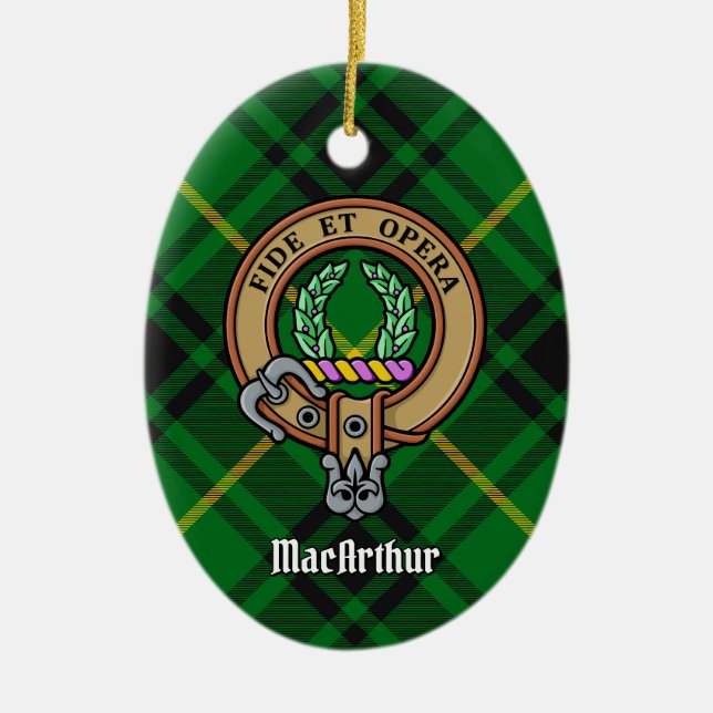 Clan MacArthur Crest over Tartan Ceramic Ornament (Front)