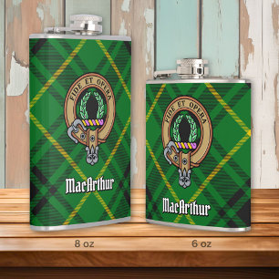 Clan MacArthur Crest over Tartan Hip Flask