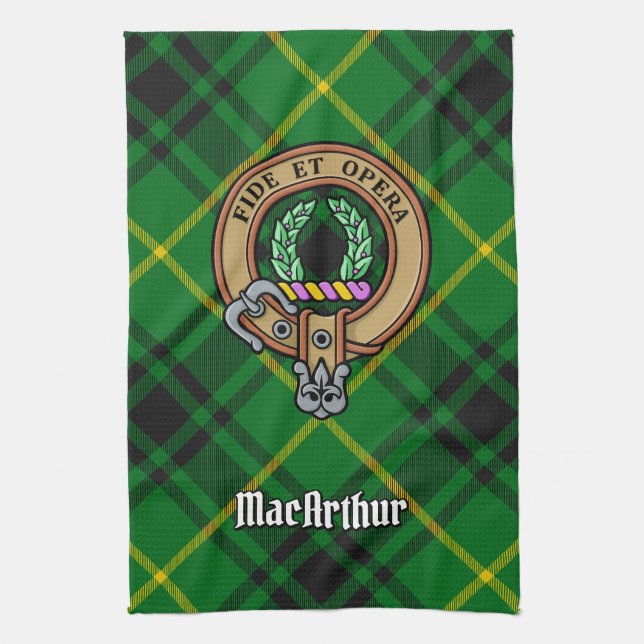 Clan MacArthur Crest over Tartan Tea Towel (Vertical)