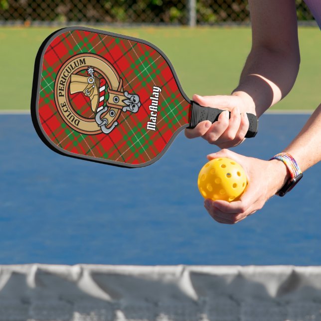 Clan MacAulay Crest over Tartan Keychain Pickleball Paddle (Insitu)