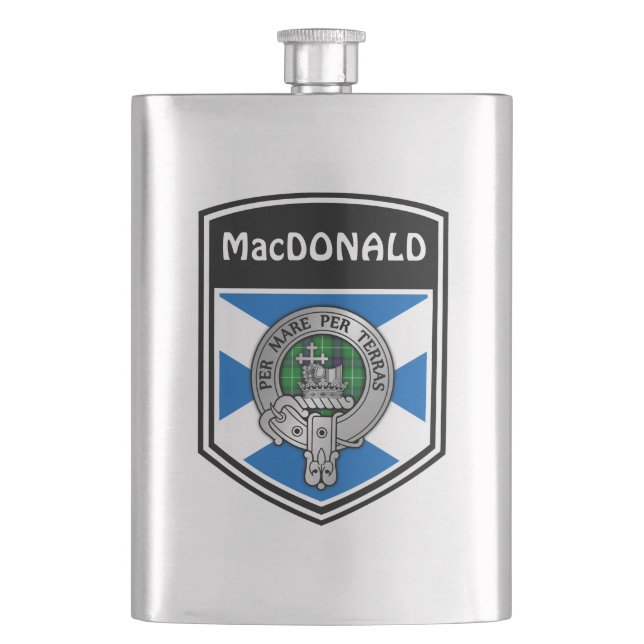 Clan MacDonald Crest & Tartan Hip Flask (Front)