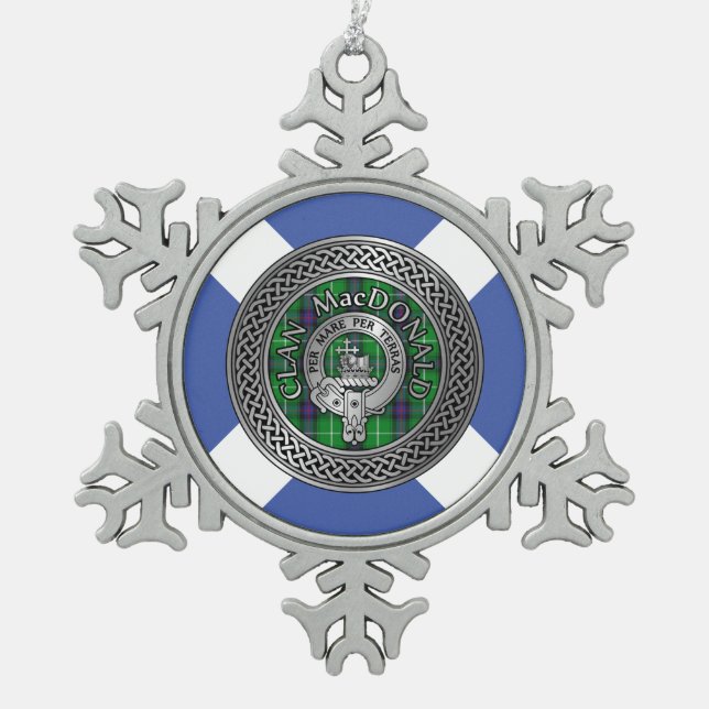 Clan MacDonald Crest & Tartan Knot Snowflake Pewter Christmas Ornament (Front)