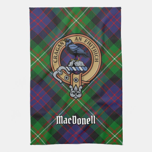 Clan MacDonell of Glengarry Crest over Tartan Tea Towel (Vertical)