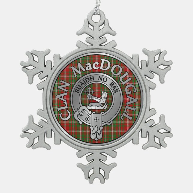 Clan MacDougall Crest & Tartan Snowflake Pewter Christmas Ornament (Front)
