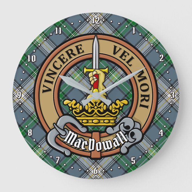 Clan MacDowall Crest over Tartan Large Clock (Front)