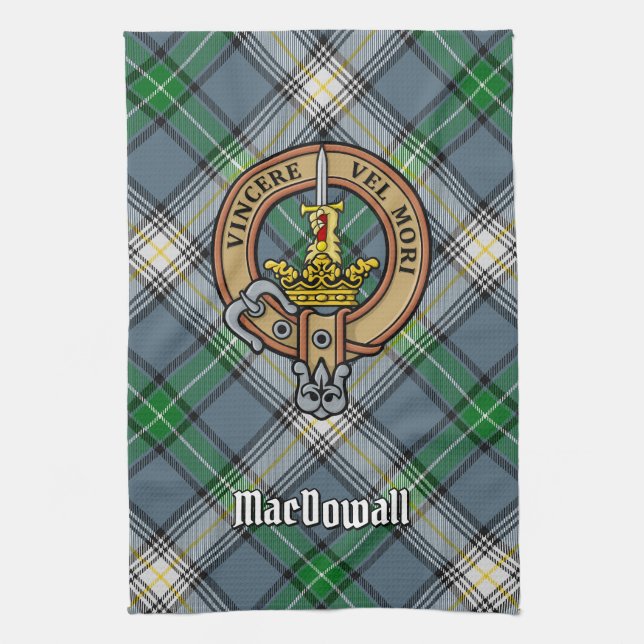 Clan MacDowall Crest over Tartan Tea Towel (Vertical)