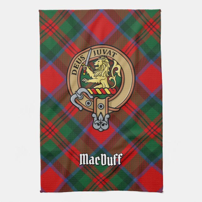 Clan MacDuff Crest over Tartan Tea Towel (Vertical)