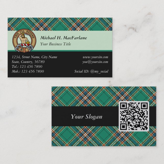 Clan MacFarlane Crest over Ancient Hunting Tartan Business Card (Front/Back)