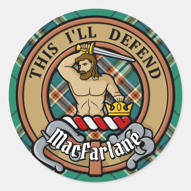 Clan MacFarlane Crest over Ancient Hunting Tartan Classic Round Sticker (Front)