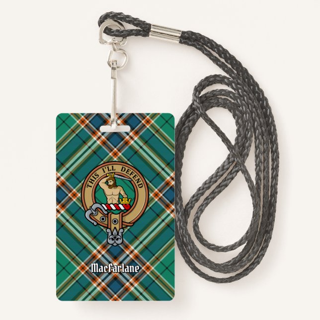 Clan MacFarlane Crest over Ancient Hunting Tartan ID Badge (Front with Lanyard)