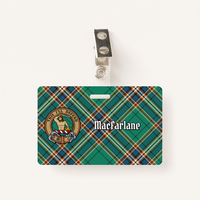 Clan MacFarlane Crest over Ancient Hunting Tartan ID Badge (Front with Clip)