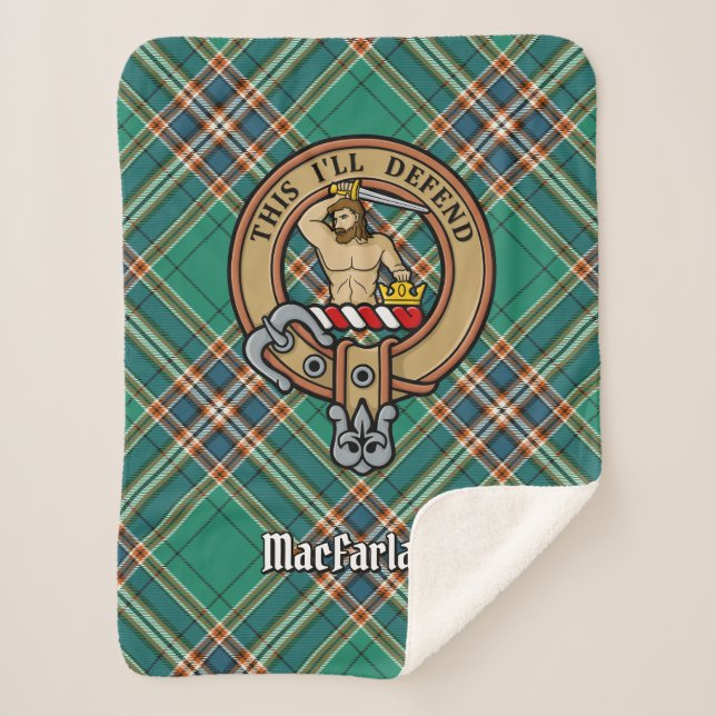 Clan MacFarlane Crest over Ancient Hunting Tartan Sherpa Blanket (Front)