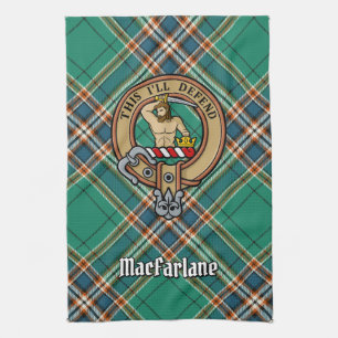 Clan MacFarlane Crest over Ancient Hunting Tartan Tea Towel
