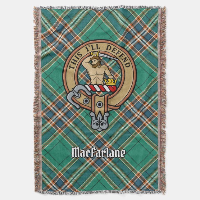 Clan MacFarlane Crest over Ancient Hunting Tartan Throw Blanket (Front Vertical)