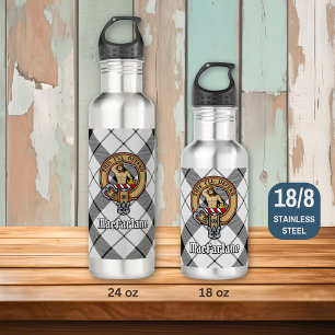 Clan MacFarlane Crest over Black and White Tartan 710 Ml Water Bottle
