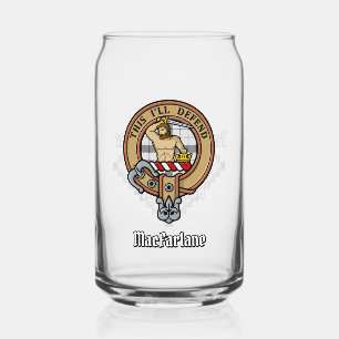 Clan MacFarlane Crest over Black and White Tartan Can Glass