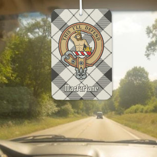 Clan MacFarlane Crest over Black and White Tartan Car Air Freshener