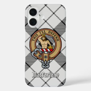 Clan MacFarlane Crest over Black and White Tartan iPhone 16 Case