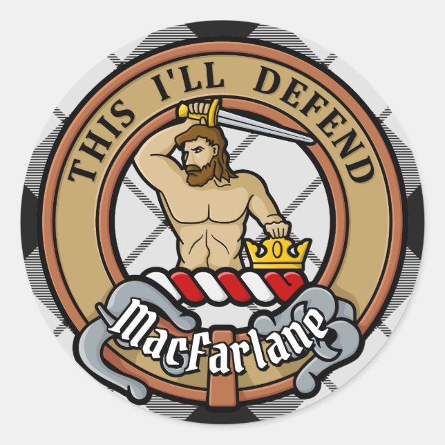 Clan MacFarlane Crest over Black and White Tartan Classic Round Sticker (Front)