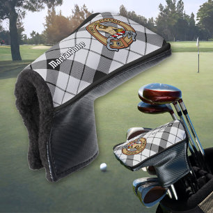 Clan MacFarlane Crest over Black and White Tartan Golf Head Cover