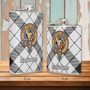 Clan MacFarlane Crest over Black and White Tartan Hip Flask