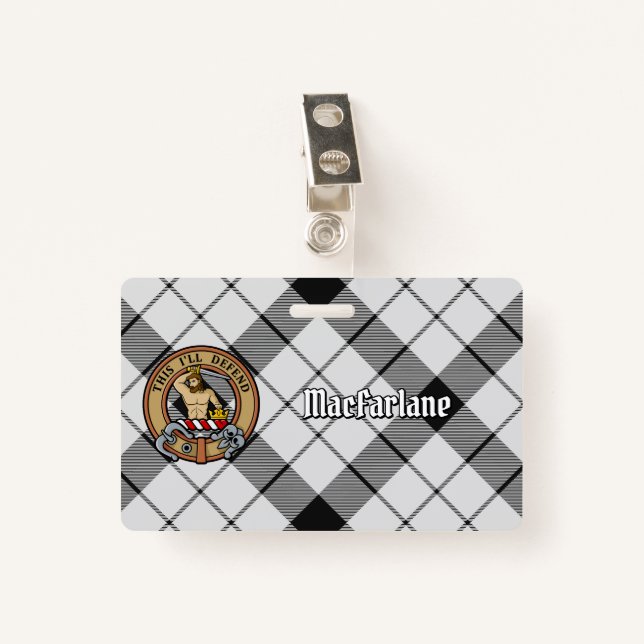 Clan MacFarlane Crest over Black and White Tartan ID Badge (Front with Clip)