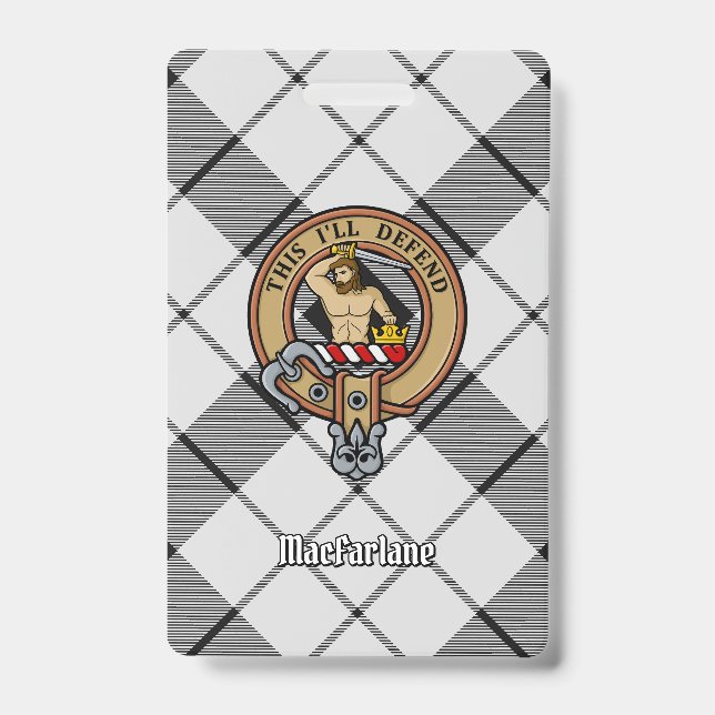 Clan MacFarlane Crest over Black and White Tartan ID Badge (Front)