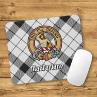 Clan MacFarlane Crest over Black and White Tartan