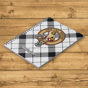 Clan MacFarlane Crest over Black and White Tartan Notebook