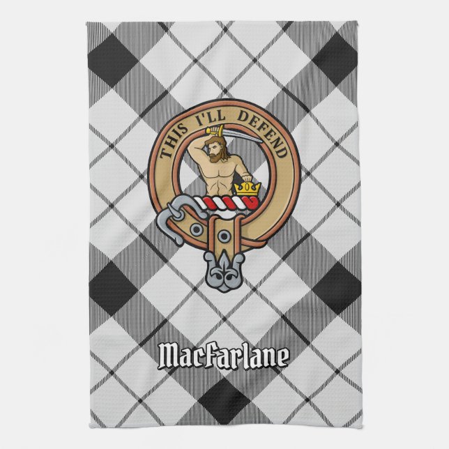 Clan MacFarlane Crest over Black and White Tartan Tea Towel (Vertical)