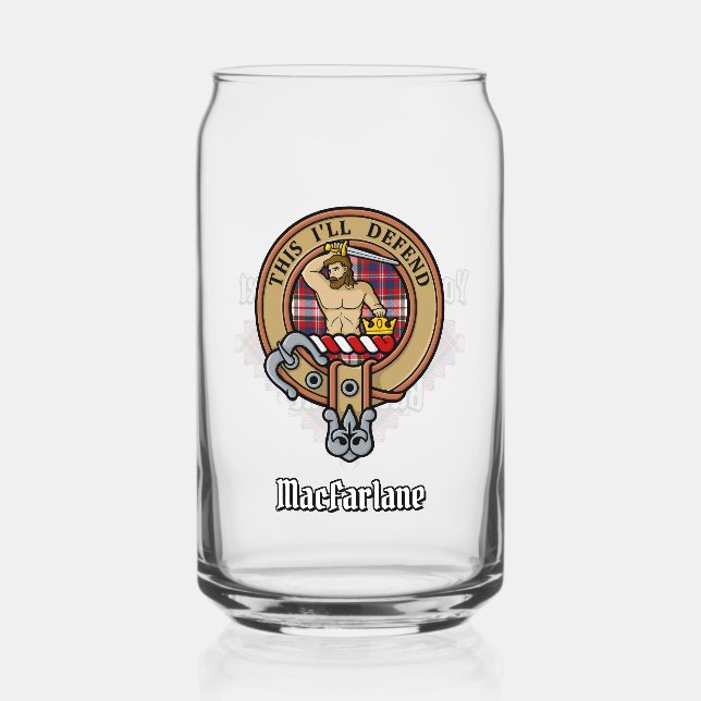 Clan MacFarlane Crest over Dress Tartan Can Glass (Front)