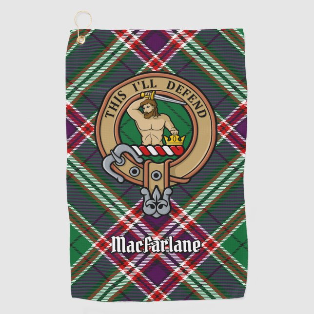 Clan MacFarlane Crest over Modern Hunting Tartan Golf Towel (Front)