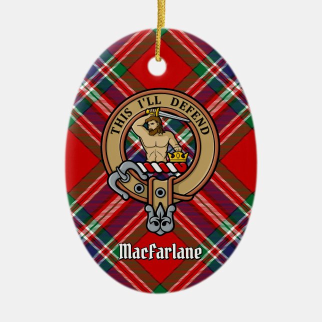 Clan MacFarlane Crest over Red Tartan Ceramic Ornament (Front)