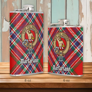 Clan MacFarlane Crest over Red Tartan Hip Flask