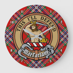 Clan MacFarlane Crest over Red Tartan Large Clock