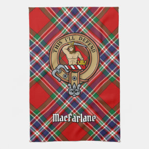 Clan MacFarlane Crest over Red Tartan Tea Towel