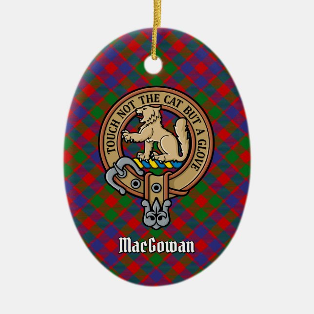 Clan MacGowan Crest over Tartan Ceramic Ornament (Front)