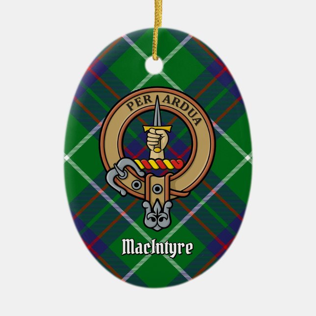 Clan MacIntyre Crest over Hunting Tartan Ceramic Ornament (Front)