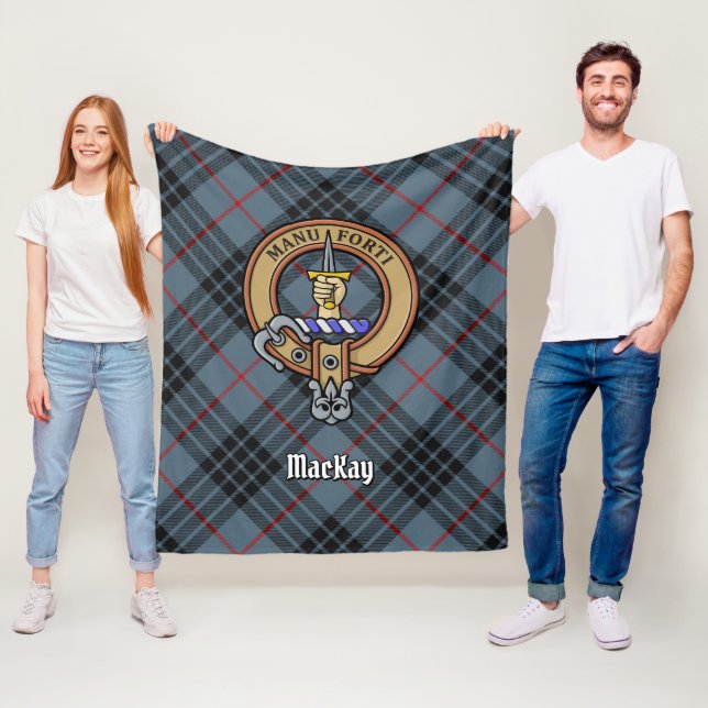 Clan MacKay Crest over Blue Tartan Fleece Blanket (In Situ)